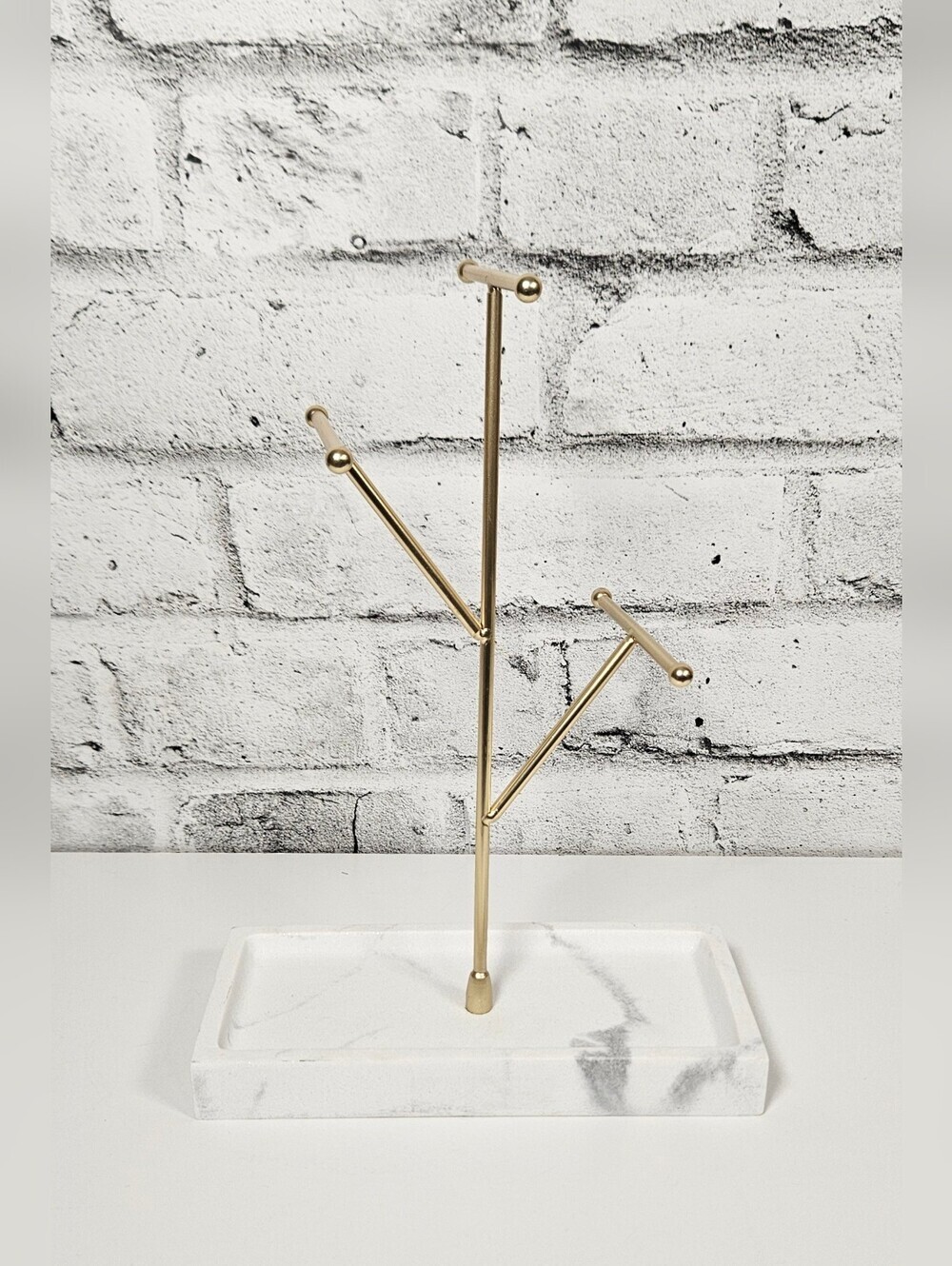 Gold Tone Jewelry Tree Organizer with Marble Look Tray Ring Holder
